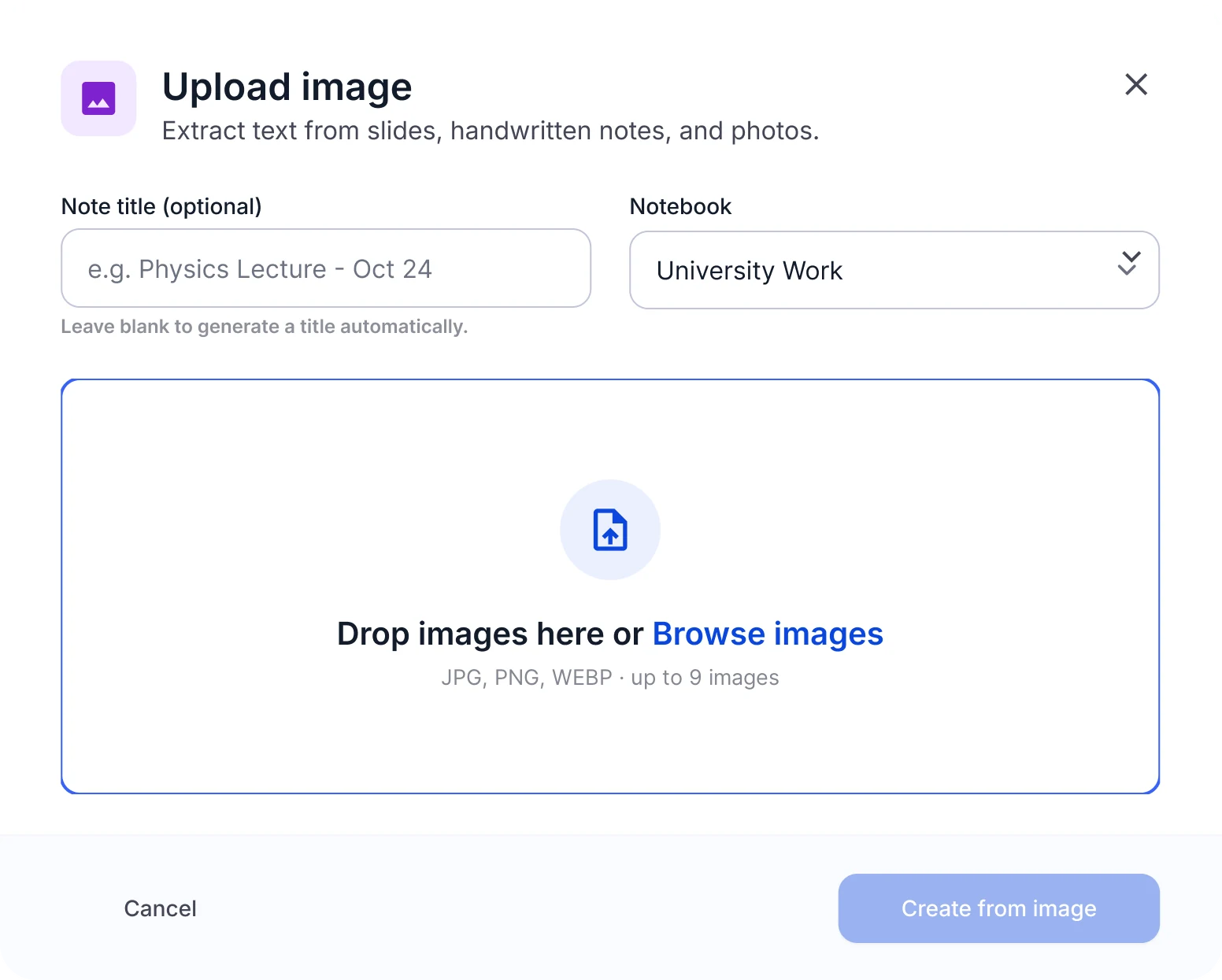 Janela de envio de imagem com uma área para soltar imagens JPG, PNG ou WEBP