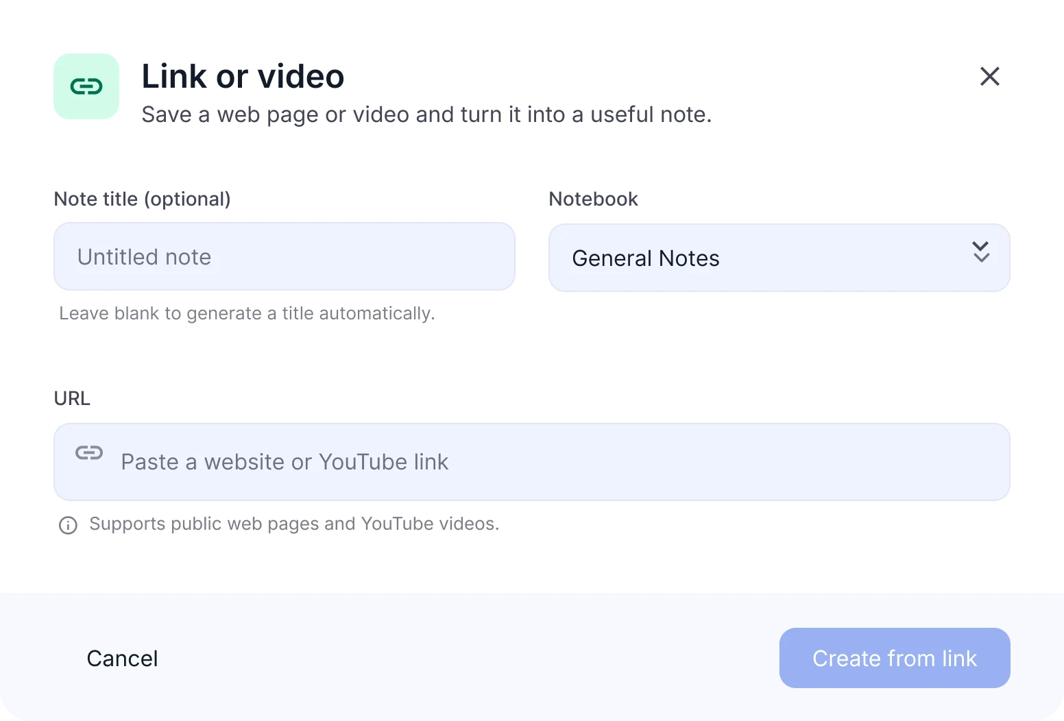 Fenêtre Lien ou vidéo avec un champ pour coller un lien de site web ou YouTube